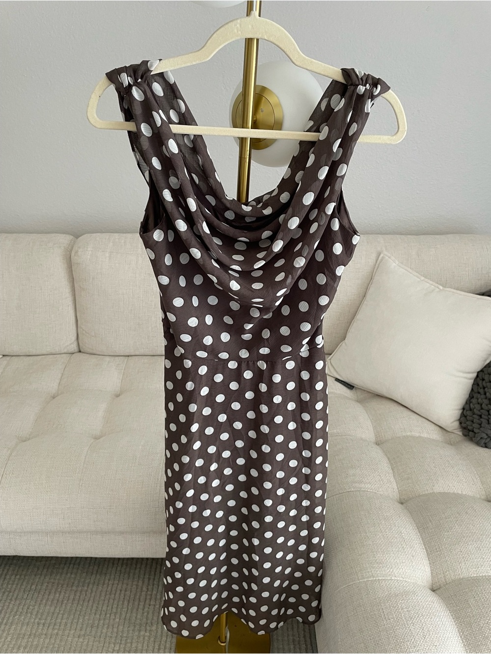 Vintage Y2K Robert Louis Chiffon Polka Dot Cowl Neck Midi Dress Cocoa Brown
